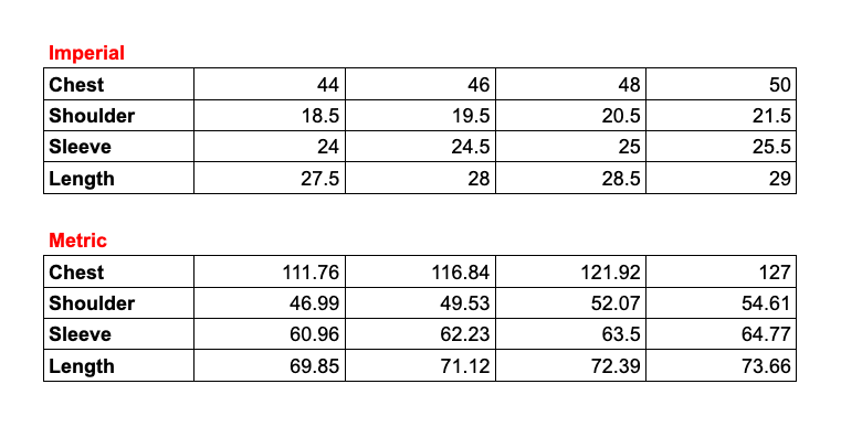 Measurement chart comparing imperial and metric sizes for chest, shoulder, sleeve, and length.