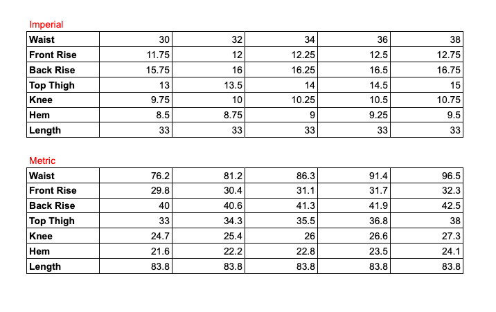 Measurement chart for pants with imperial and metric conversions.