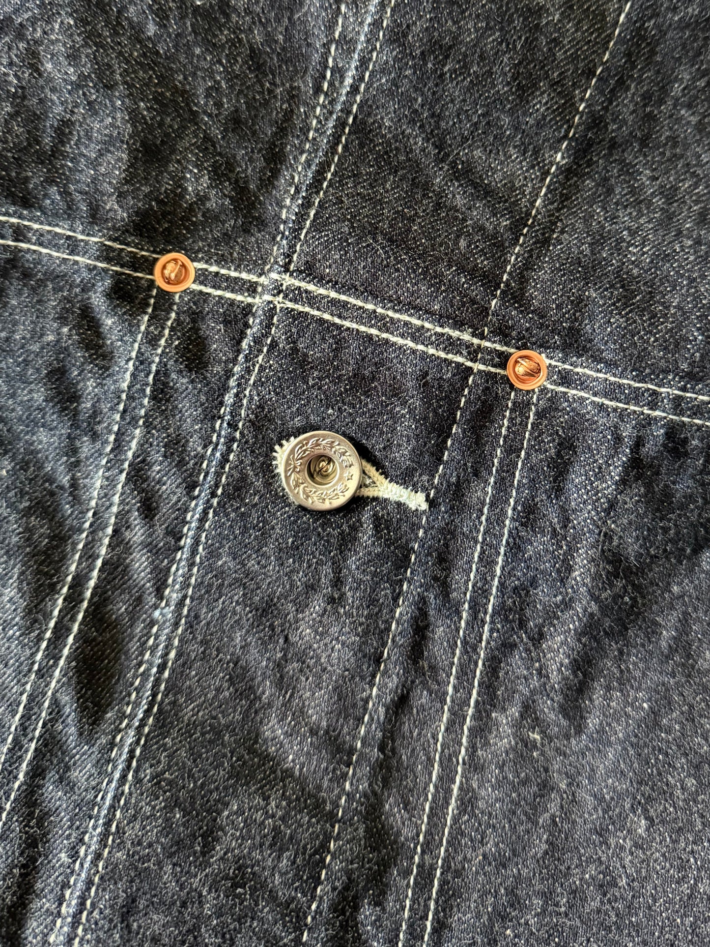 Close-up of a button on a denim jacket with visible stitching.