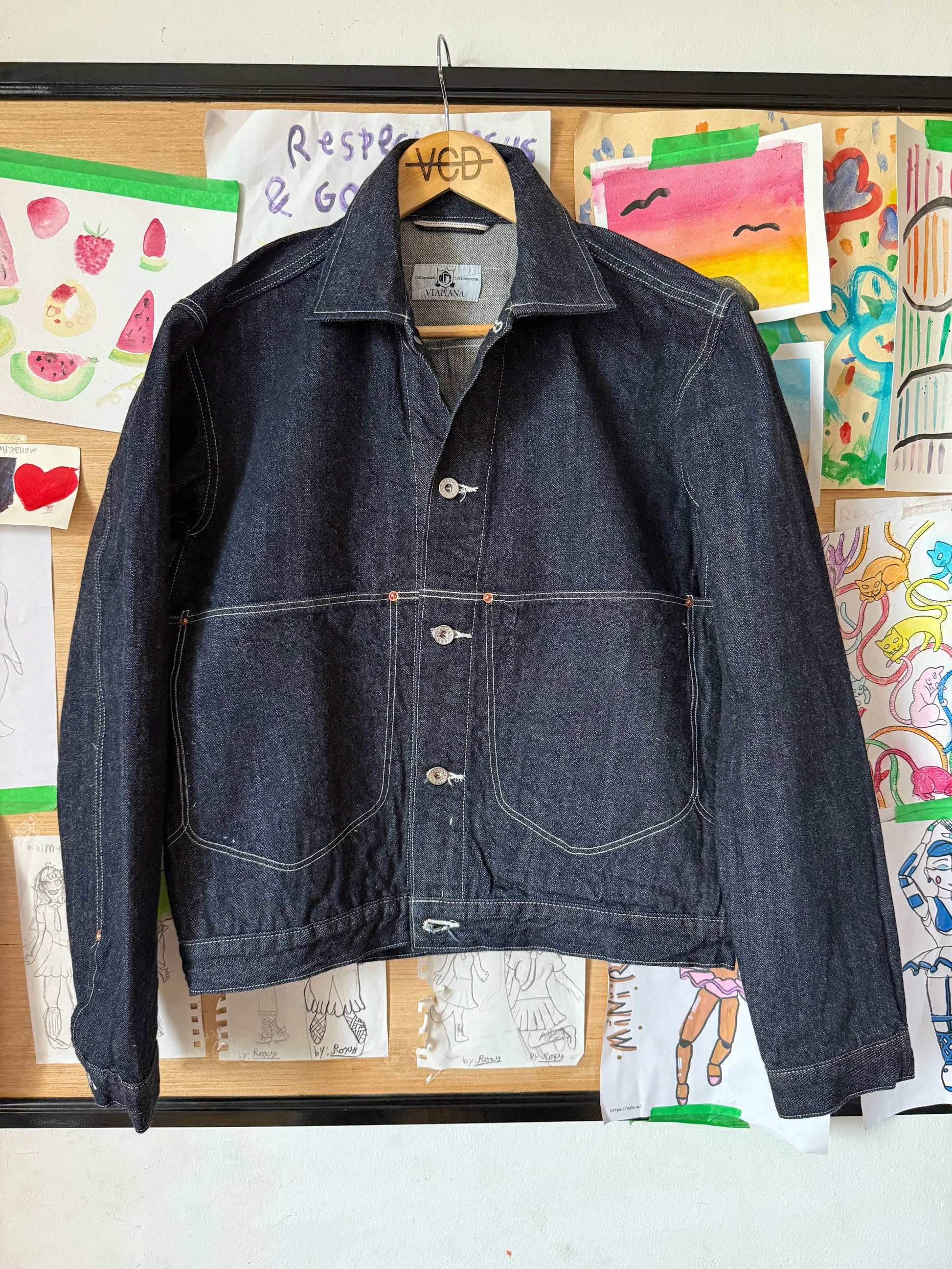 Front details of a dark denim jacket.