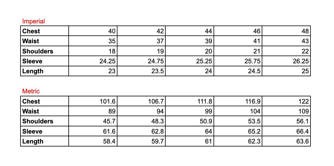 Measurement chart comparing imperial and metric sizes for chest, waist, shoulders, sleeve, and length.