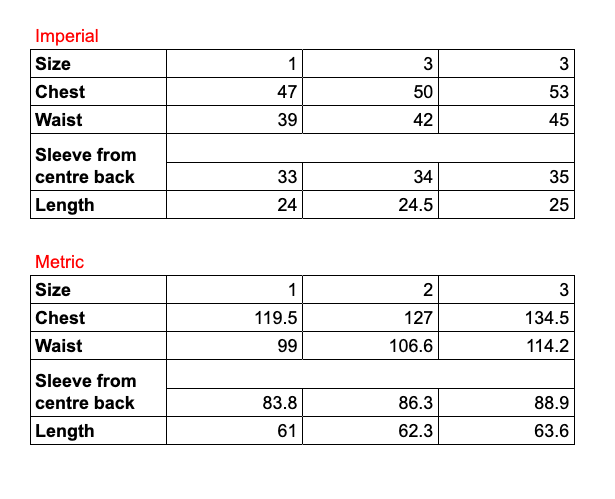Measurement chart for clothing sizes in Imperial and Metric systems.